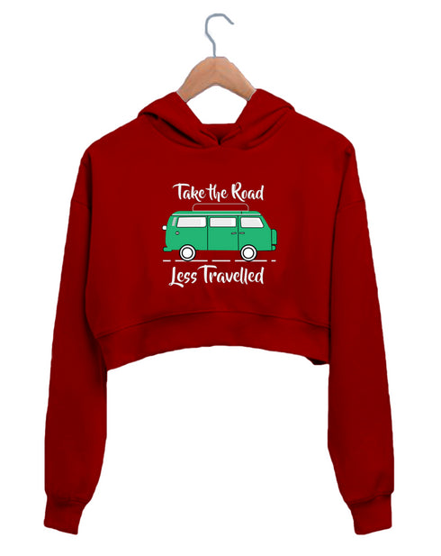 Quirkipedia TAKE THE ROAD LESS TRAVELLED TRAVEL Wanderlust, Biker Womens Crop Hoodies